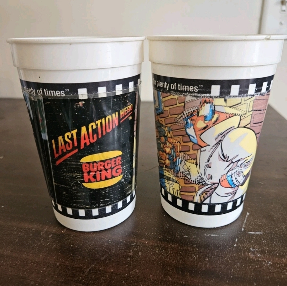 1993 Burger King Last Action Hero Cup Lot 1 W/Sleeve. Whiskers Saves Jack Slater